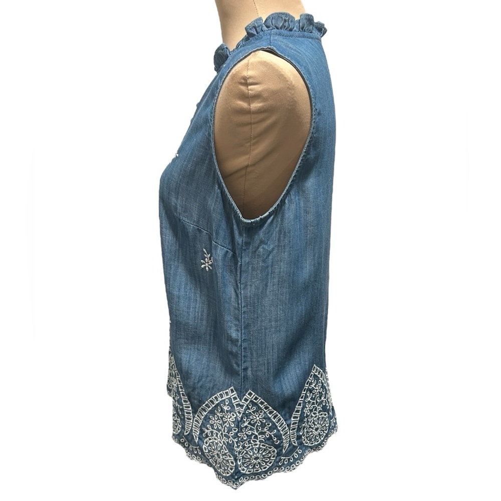 TALBOTS Ruffle Trim Embroidered Denim Shell Blue Tencel Lyocell Womens Sz Small. - Picture 6 of 10